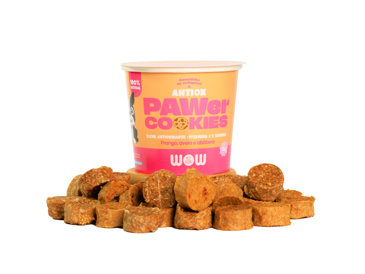 Petisco Natural PAWer Cookies ANTIOX de frango, aveia e abóbora 35g | WOW Pet Food