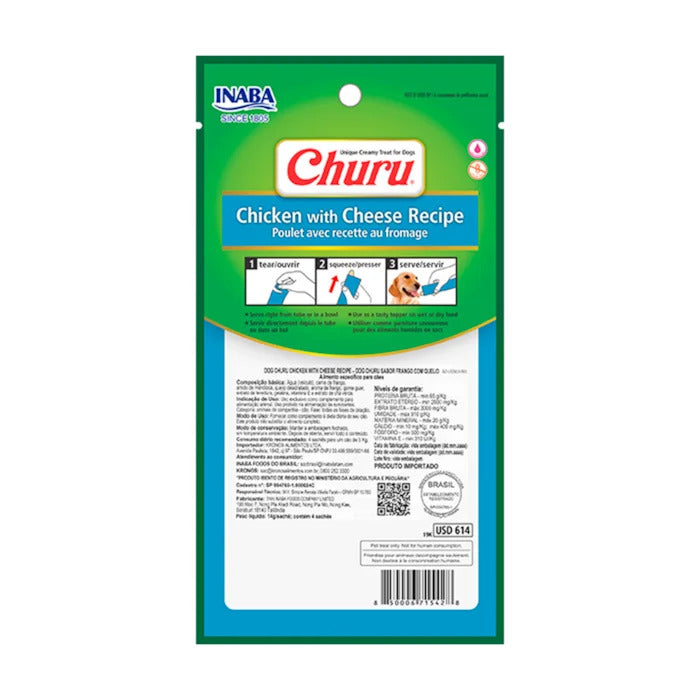 Churu Sabor Frango com Queijo 4 Sachês de 14g | Petisco Cremoso para Dog | Inaba