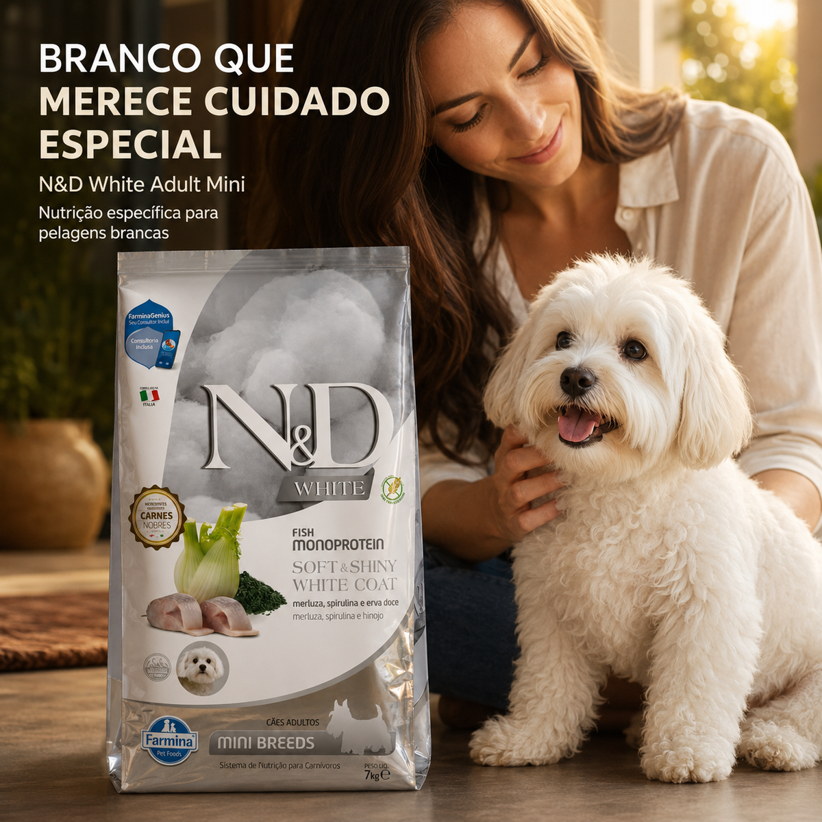 Ração Farmina N&D White Puppy Cães Médio e Grande Merluza 7kg – Filhotes, Pelagem Clara, Sem Transgênicos