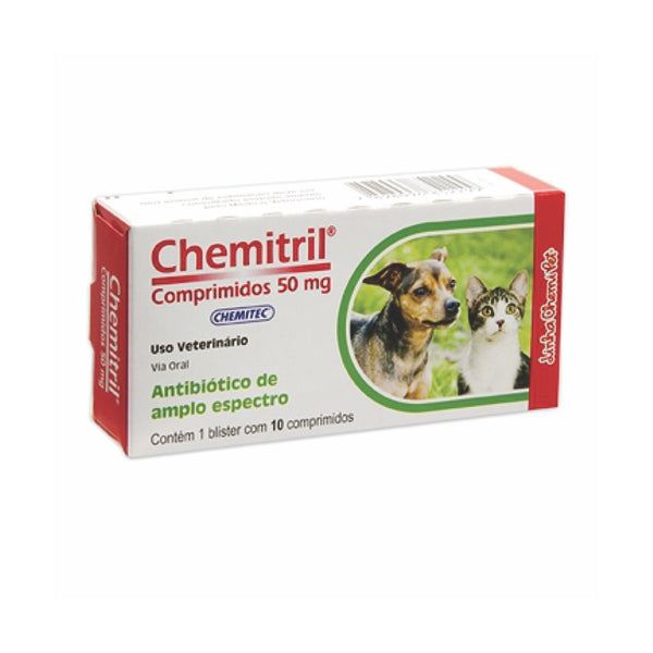 Chemitril 50mg Antibiótico para Cães e Gatos 10 compr. | Chemitec