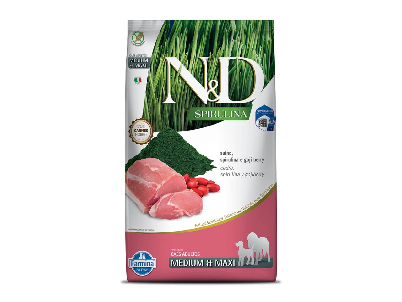 Ração N&D Spirulina Cães Adultos Suíno Medium/Maxi 10,1kg | Rico em Proteínas e Antioxidantes | Farmina