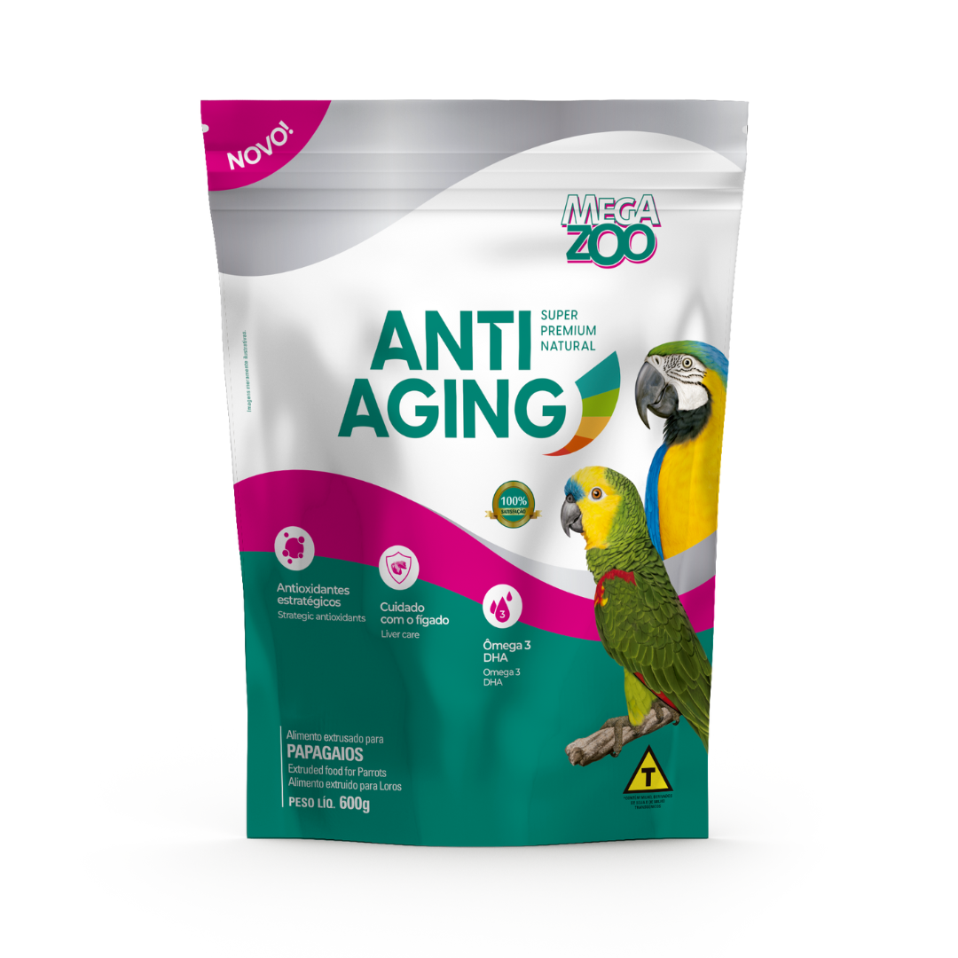 Ração Super Premium Anti Aging Papagaios 600g | MegaZoo | Nutrição Avançada para Aves Idosas
