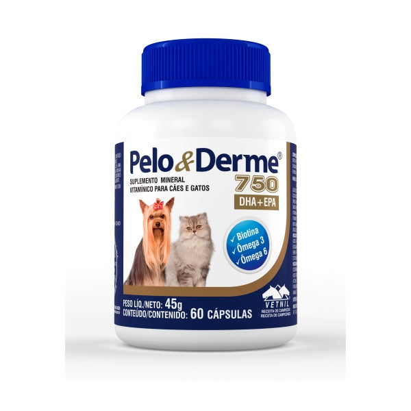 Suplemento Pelo & Derme 750mg para Cães e Gatos 60 Cápsulas | Vetnil