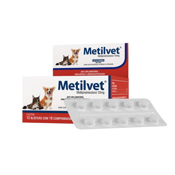 Metilvet 10mg c/ 120 Comprimidos | Anti-inflamatório e Analgésico para Cães e Gatos | Vetnil