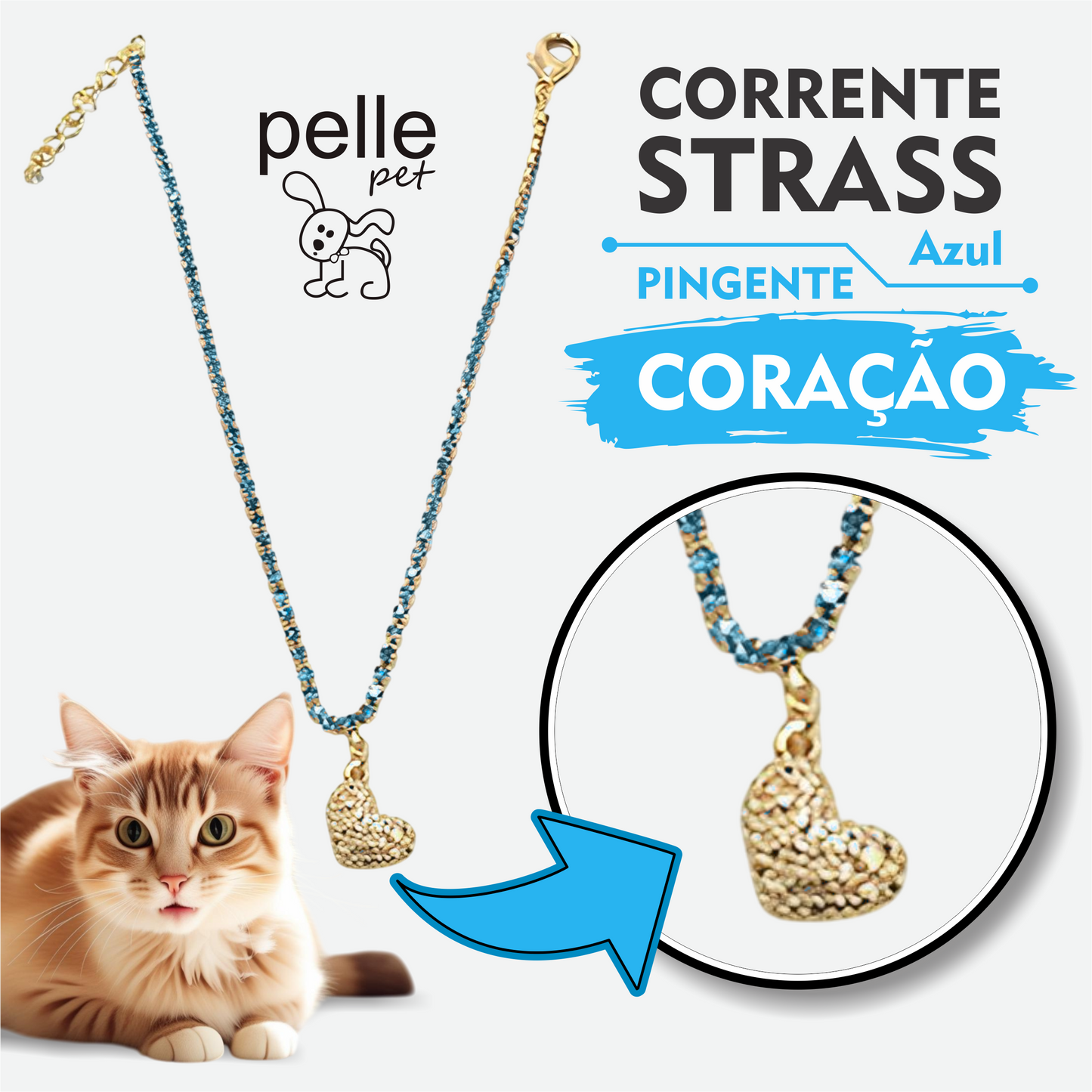 Corrente Strass Azul Pingente Coração Para Pet Pelle Pet