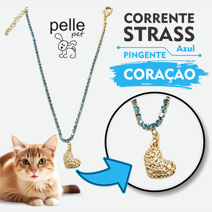 Corrente Strass Azul Pingente Coração Para Pet Pelle Pet