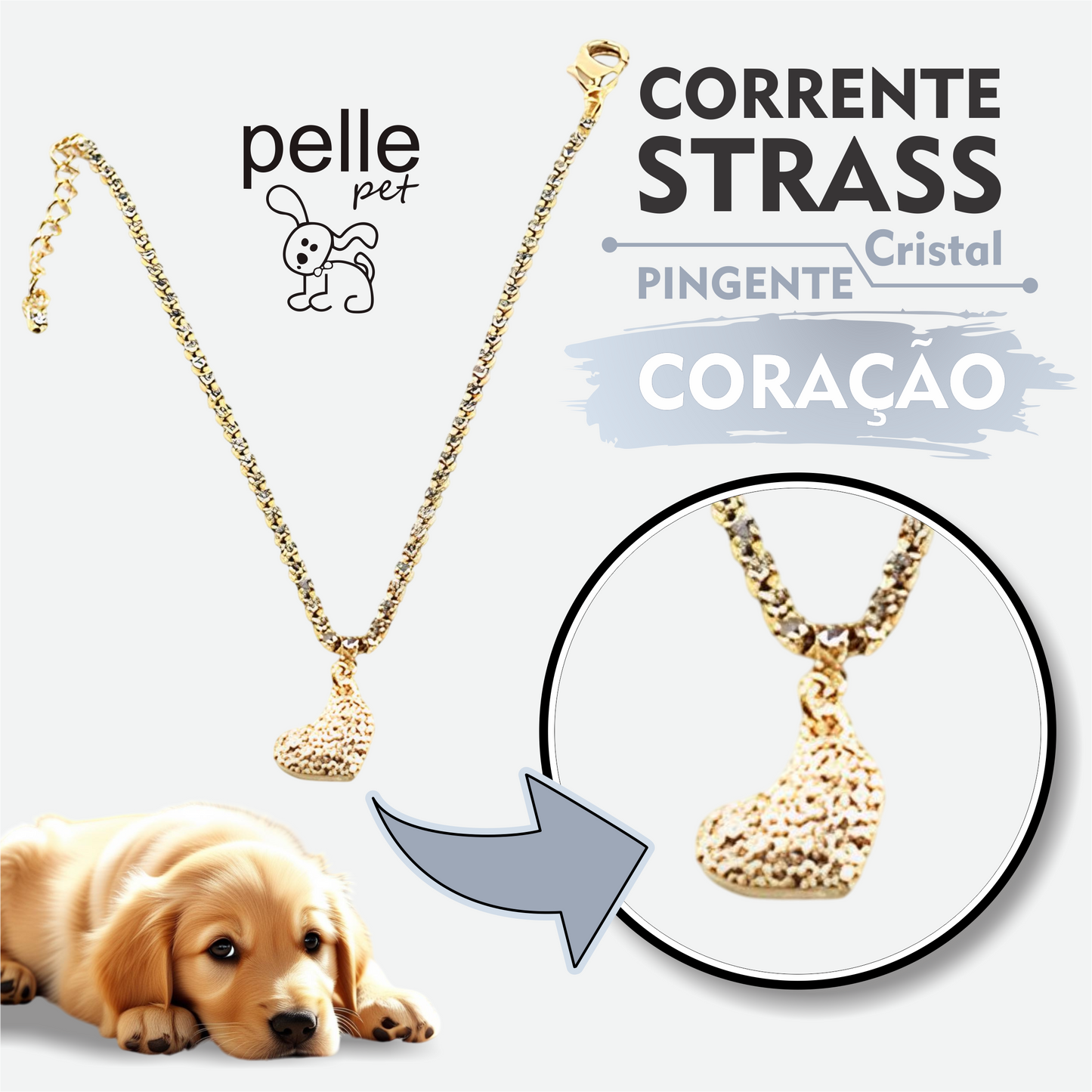 Corrente Strass Cristal Pingente Coração Para Pet Pelle Pet