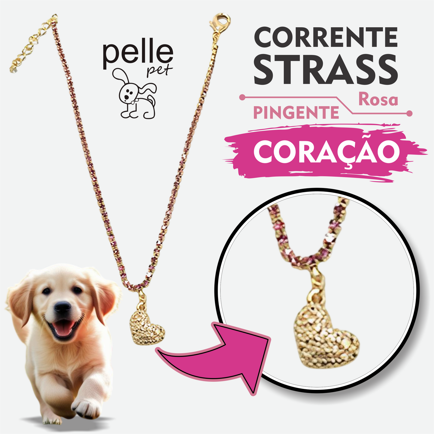 Corrente Strass Rosa Pingente Coração Para Pet Pelle Pet