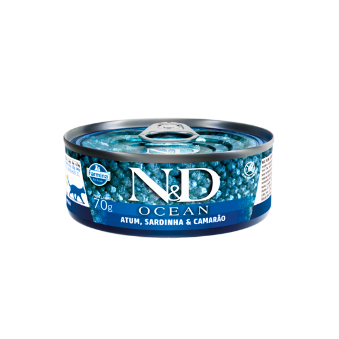 Ração Úmida N&D Ocean Atum, Sardinha e Camarão para Gatos – Lata 70g | Natural e Super Premium