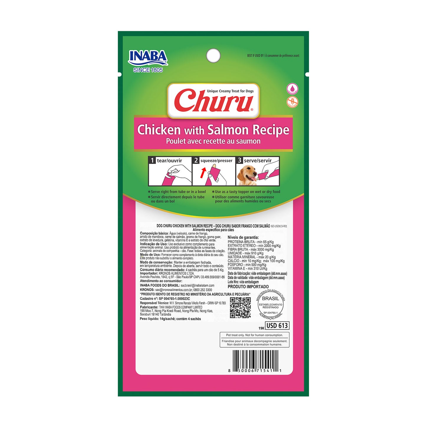 Churu Sabor Frango com Salmão 4 Sachês de 14g | Petisco Cremoso para Dog | Inaba