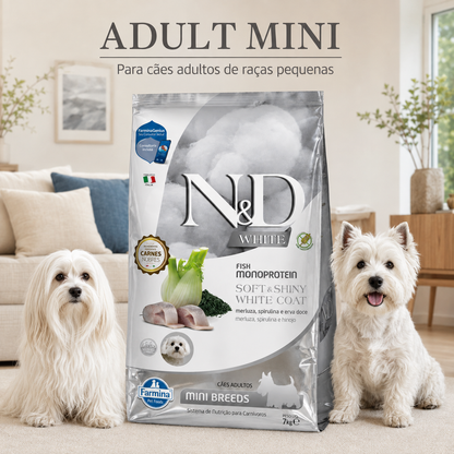 Ração Farmina N&D White Puppy Cães Médio e Grande Merluza 7kg – Filhotes, Pelagem Clara, Sem Transgênicos
